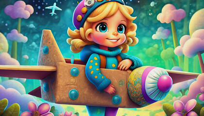 Wall Mural - oil painting style cartoon character Child playing as a pilot with a homemade cardboard airplane, toy, 