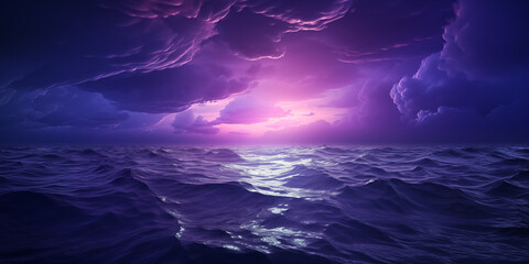 Storm Fury. Dramatic purple stormy cloudy sky reflecting on the troubled water surface. Panoramic wide angle view. Fantasy stormy sea. Cinematic stormy ocean with rays of light in the center.
