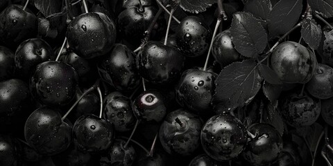 Poster - Ripe black cherries hanging from a tree, perfect for food and agriculture concepts