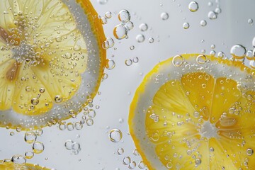 Poster - Fresh lemon slices floating in clear water. Ideal for food and beverage concepts