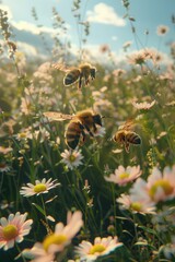 Poster - A beautiful scene of bees flying over a colorful field of flowers. Ideal for nature and wildlife concepts