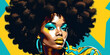 African American woman with voluminous afro hair in a pop art style with bold color contrasts of dark cyan and yellow. Perfect for graphic design projects