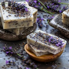 Poster - A collection of soap bars on a wooden table. Ideal for hygiene and wellness concepts