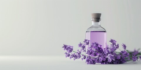 Poster - A bottle of lavender oil next to a bunch of purple flowers. Perfect for aromatherapy and relaxation concepts