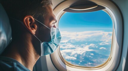 Poster - A man wearing a face mask looking out an airplane window. Suitable for travel and health concepts