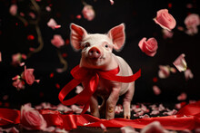 Adorable Piglet With Red Ribbon Surrounded By Rose Petals