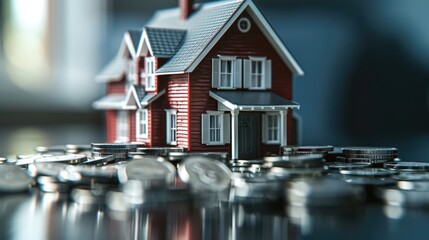 Poster - A model house sitting on a pile of coins. Ideal for finance or real estate concepts
