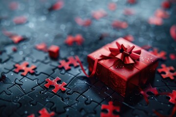 Aufkleber - Red gift box on top of puzzle piece. Great for gift giving concepts