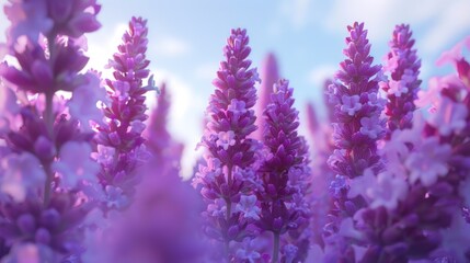 Poster - A beautiful field of purple flowers under a clear blue sky. Ideal for nature and landscape backgrounds