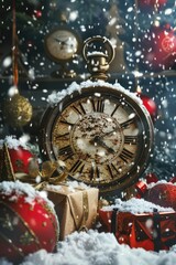 Aufkleber - A clock sitting on top of a pile of presents, perfect for holiday concepts