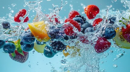 Poster - Fresh fruits dropping into clear water. Great for health and wellness concepts