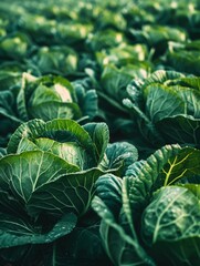 Wall Mural - A bountiful display of verdant cabbage leaves, their intricate veining and glistening water droplets creating a striking visual feast of nature's abundance.