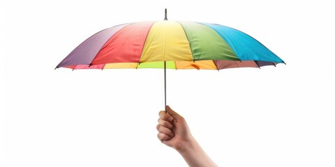 Aufkleber - A hand holding a multicolored umbrella against a white background. Perfect for advertising or weather-related designs