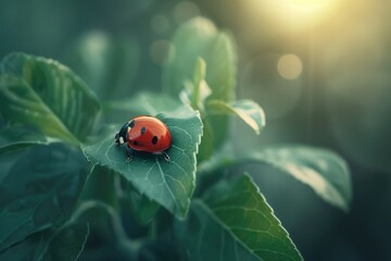 Aufkleber - A ladybug perched on a vibrant green leaf. Suitable for nature and wildlife themes