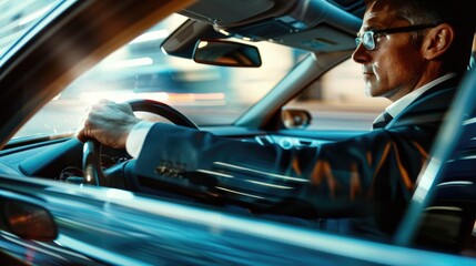 Poster - A man in a suit driving a car. Suitable for business and transportation concepts