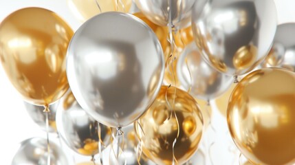 Poster - A bunch of gold and silver balloons floating in the air. Perfect for celebrations and festive occasions