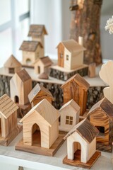 Poster - Miniature wooden houses displayed on a table. Suitable for interior design concepts