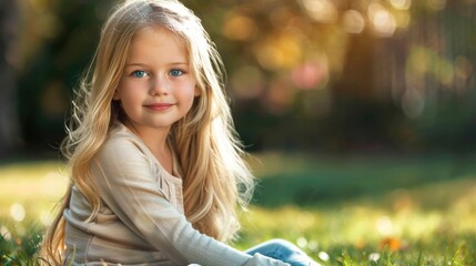 Poster - A young girl sitting in the grass with striking blue eyes. Ideal for lifestyle and nature concepts
