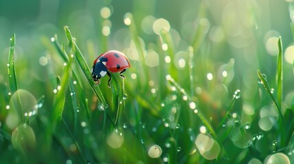 Aufkleber - A ladybug perched on a vibrant green field. Perfect for nature-themed designs