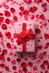 Wall Mural - A white gift box with a red bow on a pink background. Perfect for holiday and celebration themes