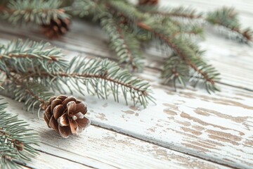 Poster - A close-up view of a pine tree branch with a pine cone, suitable for nature and Christmas themed projects