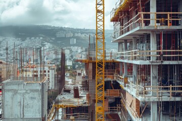 Aufkleber - A construction site with a large crane in the foreground. Suitable for construction industry concepts