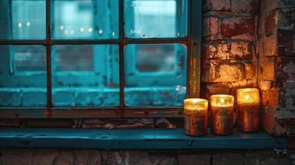 Poster - Three candles placed on a window sill, suitable for home decor concepts