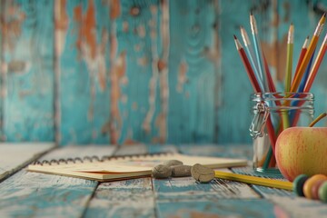 Poster - Items on a wooden table, perfect for education or office concepts