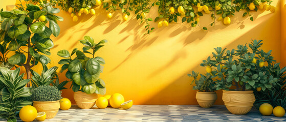 Wall Mural - Lemon trees and fruits composition with copy space, sunlight shadows Garden exterior concept. landscape design mockup.  Plants decoration on the backyard facade. Generative ai