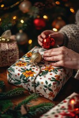 Wall Mural - A woman opening a Christmas present on a table. Suitable for holiday concepts