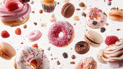 Poster - Various types of donuts on a clean white background. Perfect for bakery or dessert concepts