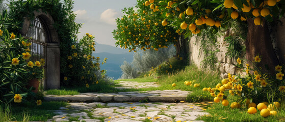 Sticker - Fairy garden with lemon trees and fruits.  Beautiful summer exterior mockup. backyard, patio with orchard view. generative ai.