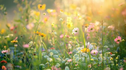 Poster - A beautiful field of wildflowers with the sun shining in the background. Suitable for various nature-themed projects