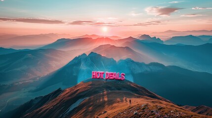 Wall Mural - Majestic Sunset Over Mountain Peaks with Hot Deals Sign