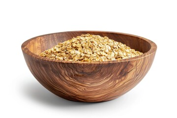 Poster - A wooden bowl filled with oats on a white surface. Suitable for food and health-related designs