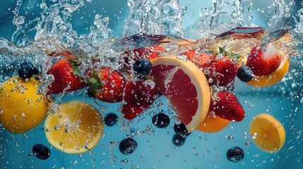 Poster - Fresh fruit falling into clear water, suitable for health and wellness concepts