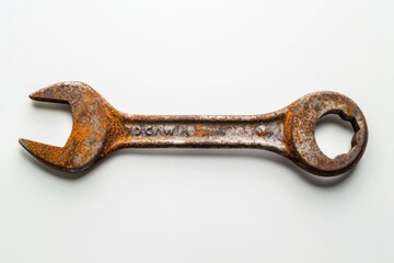 Rusty wrench lying on a clean white background. Perfect for industrial concepts