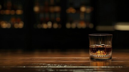 Poster - A glass of whiskey on a wooden table, suitable for bar or restaurant concepts
