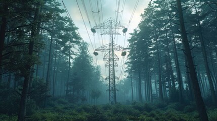 Poster - A power line running through a dense forest. Suitable for nature and infrastructure concepts