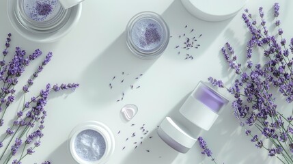 Poster - Jars of body butter and lavender flowers on a white table. Perfect for beauty and spa concepts