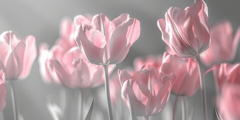 Poster - A bunch of pink tulips in a field, perfect for springtime designs
