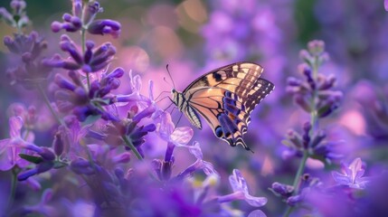 Poster - Beautiful butterfly perched on vibrant purple flowers. Suitable for nature and garden themes