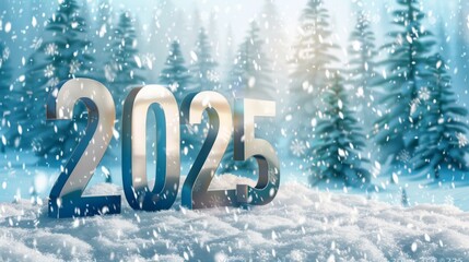 Wall Mural - Winter Wonderland 2025: Snowy Landscape with Festive Year Display