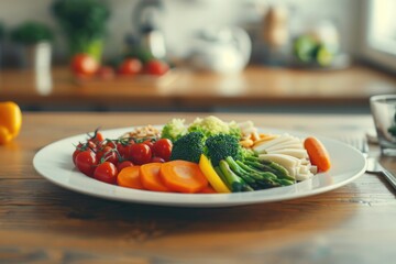 Poster - Plate of assorted fresh vegetables on rustic wooden table. Perfect for healthy eating concept