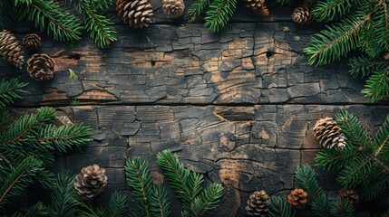 Poster - Pine cones and fir branches on a rustic wooden surface, ideal for holiday themed designs