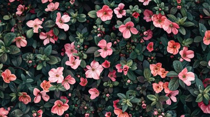 Poster - Vibrant pink flowers with lush green leaves, perfect for nature backgrounds