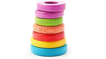 Poster - Colorful wooden toys stacked on a white surface. Perfect for educational and childhood themes