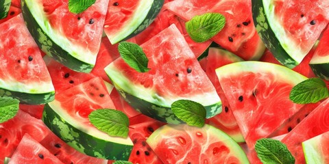 Poster - Fresh watermelon slices with vibrant green mint leaves, perfect for summer themes