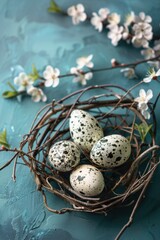 Poster - Three speckled eggs in a nest on a blue surface, suitable for nature or Easter-themed designs