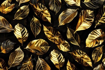 Poster - A stunning image of numerous gold leaves on a black background. Perfect for luxury, elegance, and autumn themes